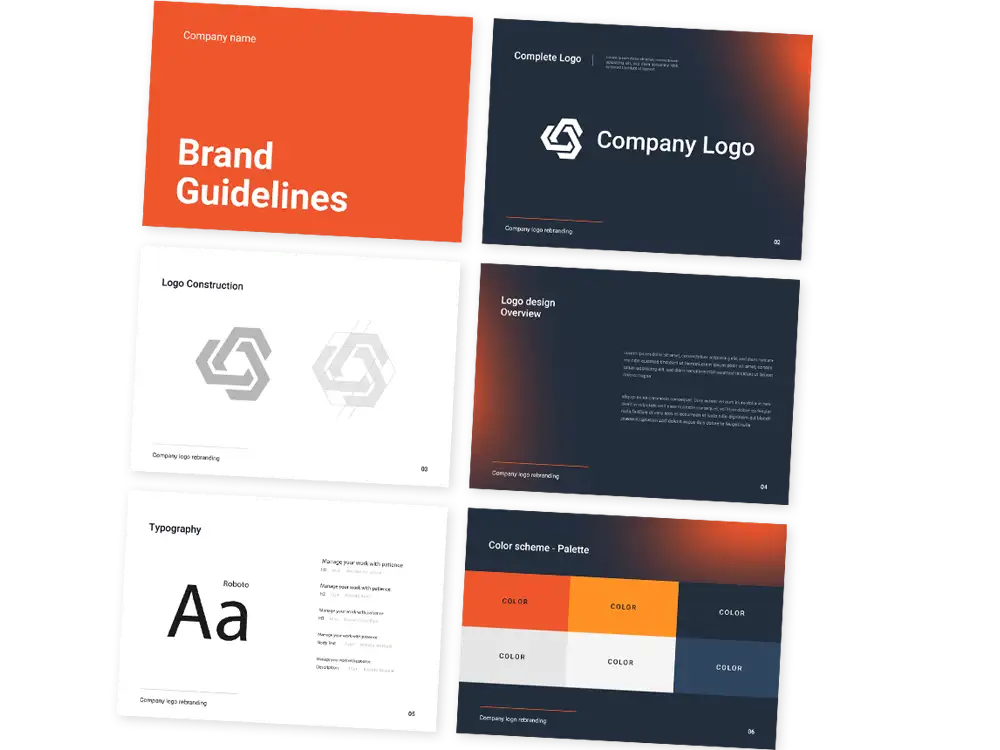 Brand Guidelines mit Farbpaletten, Logo-Design und Typografie-Details für ein modernes Corporate Branding.