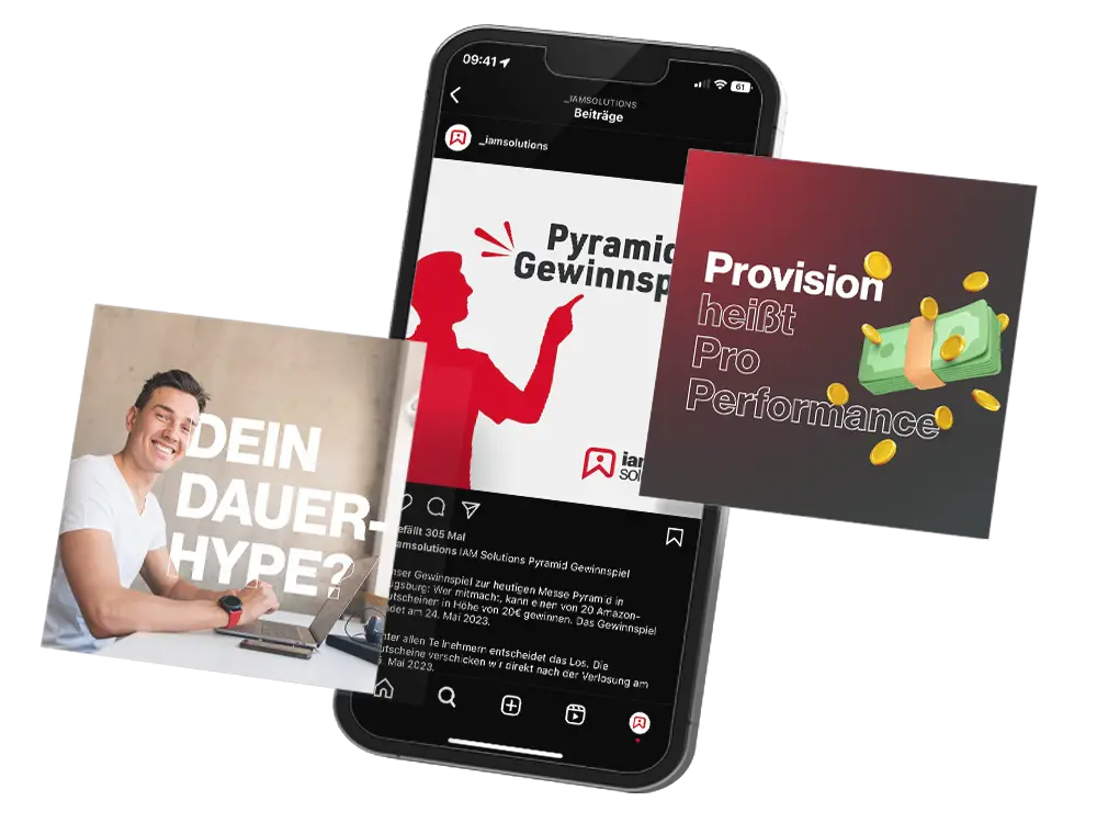 Smartphone mit Social-Media-Posts und kreativen Werbebannern für Stellenanzeigen dargestellt.