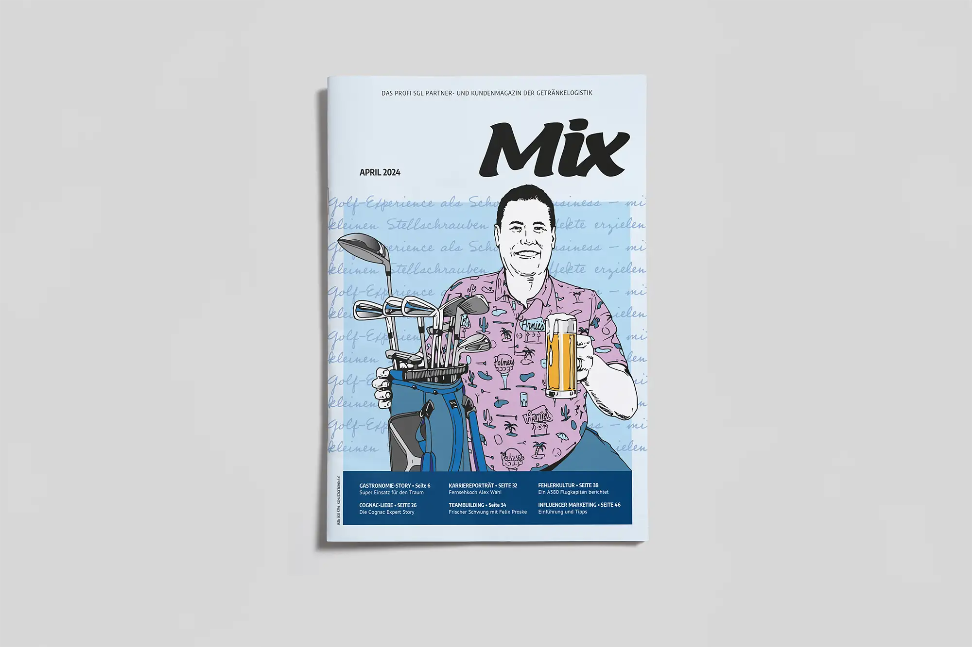 Illustration eines Mannes mit Golfbag und Bierkrug auf dem Cover des Profi SGL Kundenmagazins