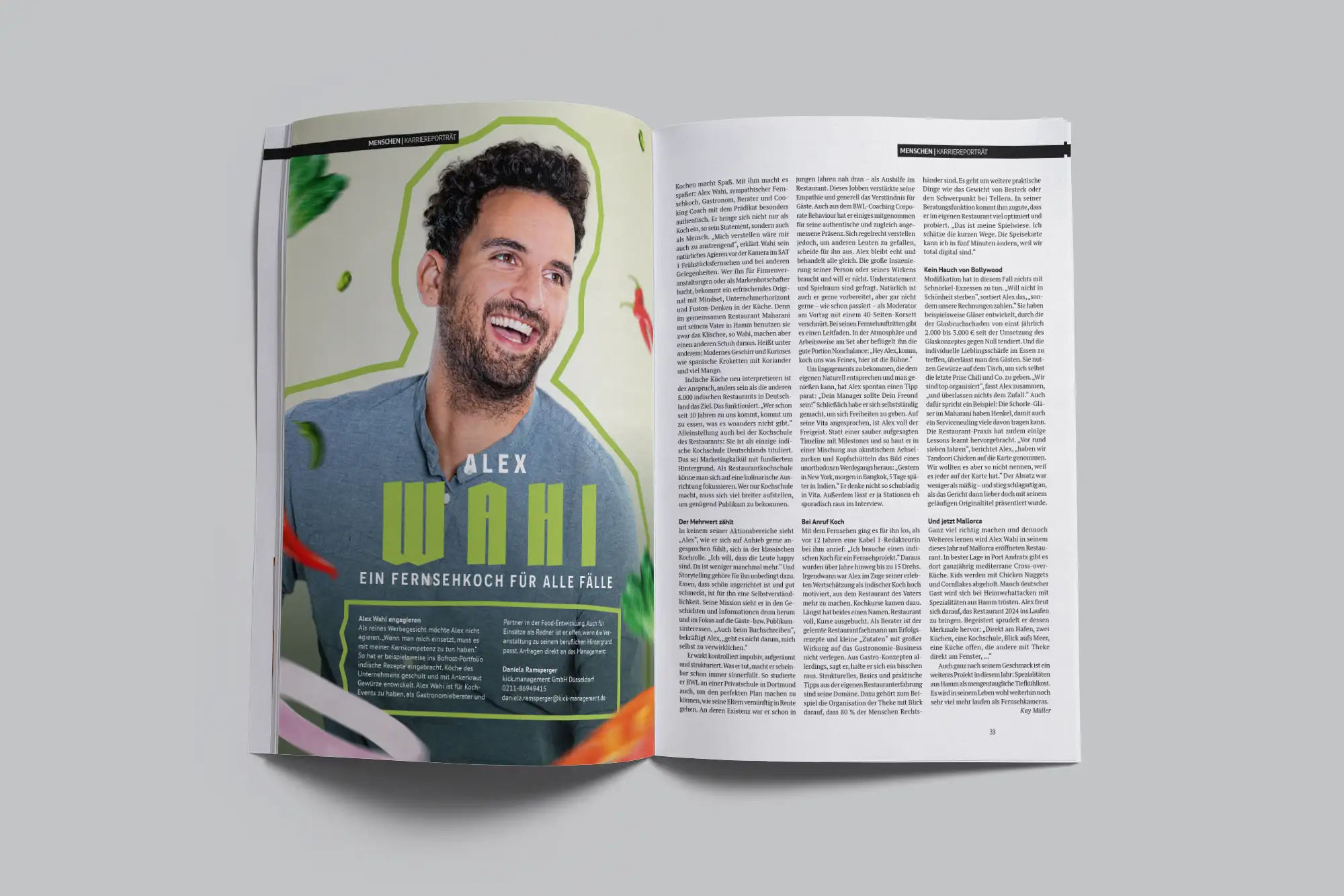 Doppelseite über Alex Wahi im Profi SGL Kundenmagazin – Ein Fernsehkoch für alle Fälle