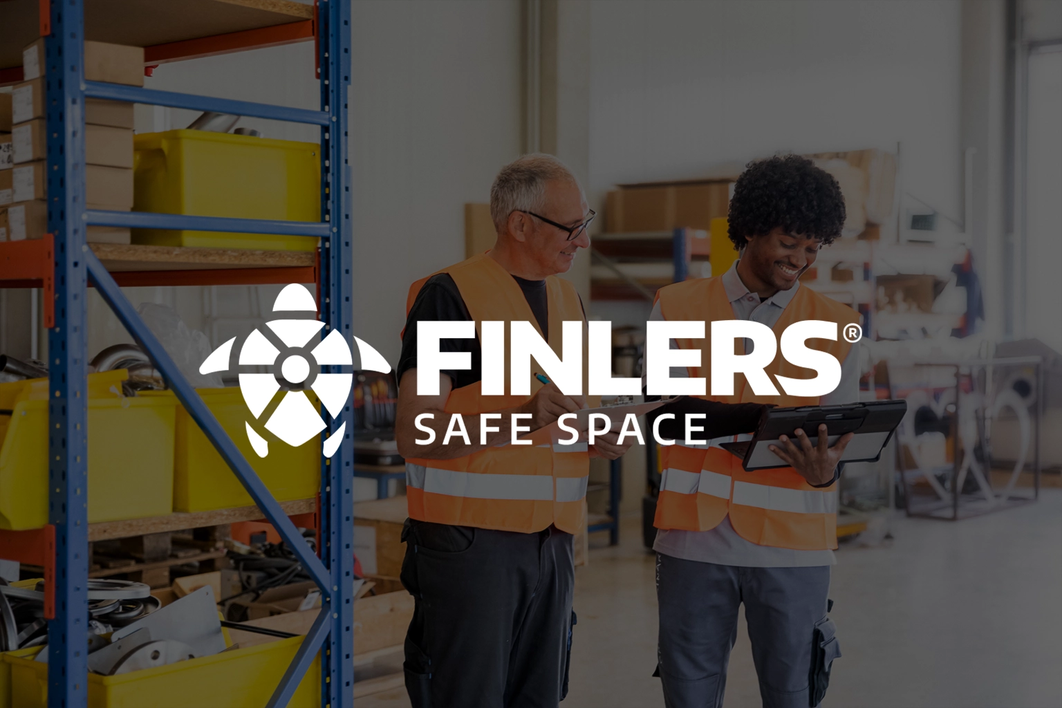 Logo von Finlers Safe Space mit einer Schildkröte als Symbol, zwei Arbeiter im Lager im Hintergrund.