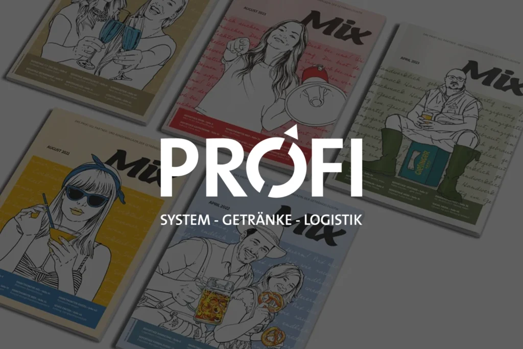 Logo von Profi System-Getränke-Logistik vor verschiedenen Magazincovern mit Illustrationen.