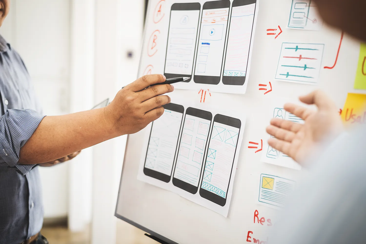 Person zeigt mit einem Stift auf mobile Wireframes und UI-Designs auf einem Whiteboard, um ein Branding-Konzept für eine Website zu entwickeln.